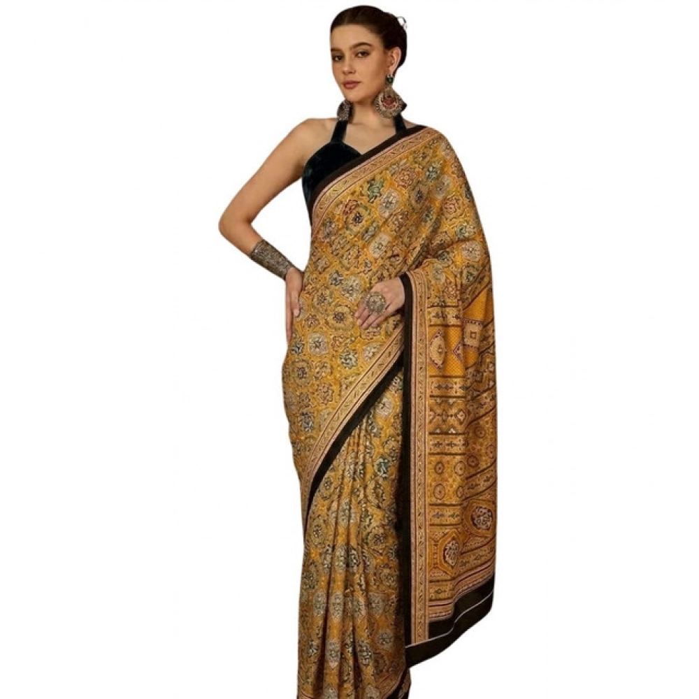 Generic Women's Crepe Printed Saree With Unstitched Blouse 5.5Mtr (Yellow) - Image 2