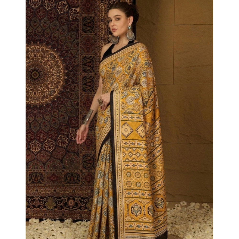 Generic Women's Crepe Printed Saree With Unstitched Blouse 5.5Mtr (Yellow) - Image 3