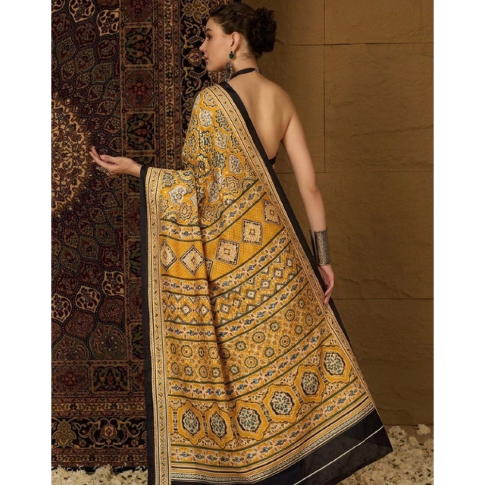 Generic Women's Crepe Printed Saree With Unstitched Blouse 5.5Mtr (Yellow) - Image 4