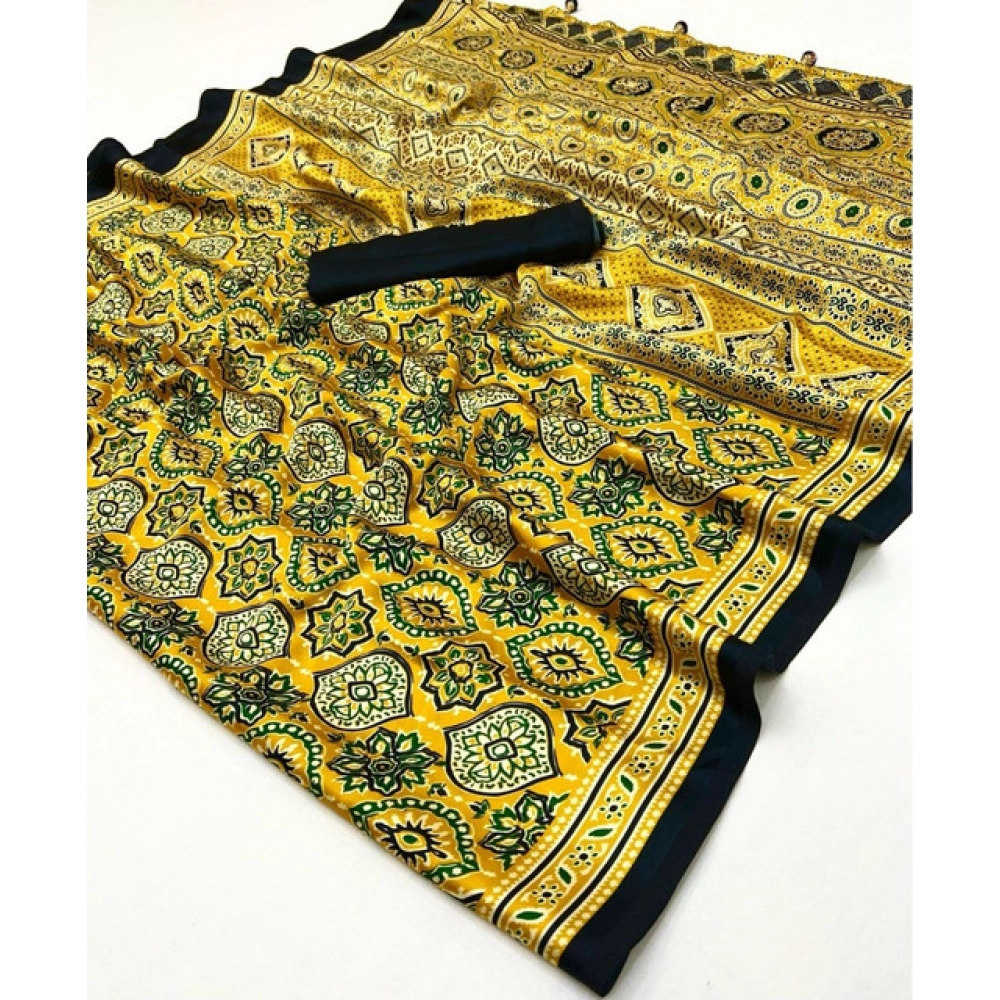 Generic Women's Crepe Printed Saree With Unstitched Blouse 5.5Mtr (Yellow) - Image 5
