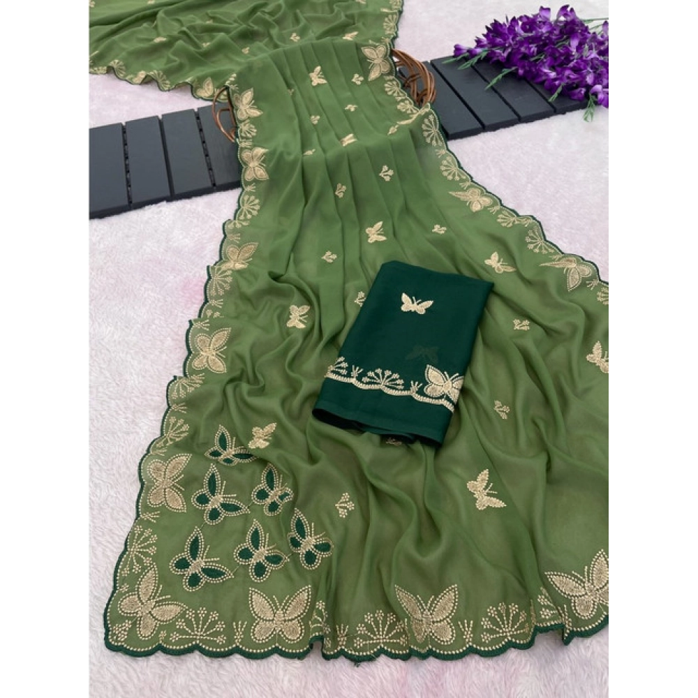 Generic Women's Star Georgette Embellished Saree With Unstitched Blouse 5.5Mtr (Green) - Image 3