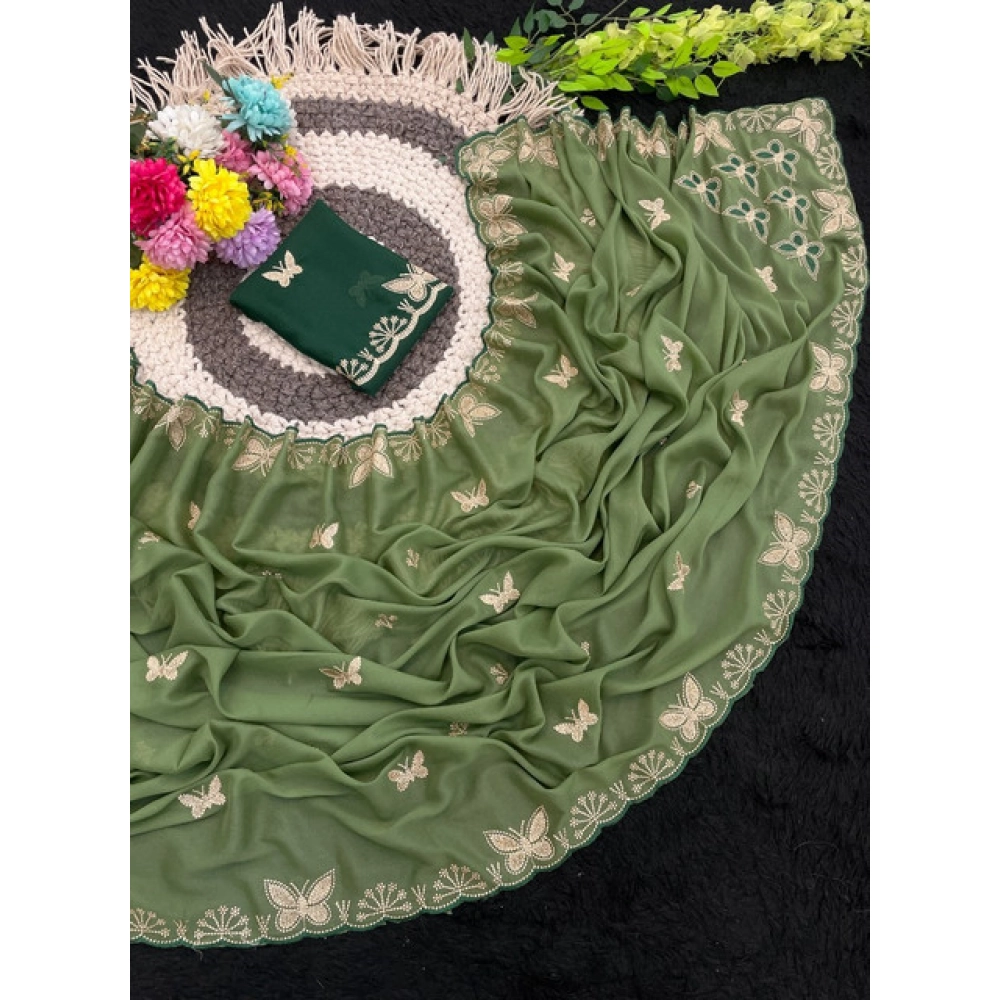 Generic Women's Star Georgette Embellished Saree With Unstitched Blouse 5.5Mtr (Green) - Image 5