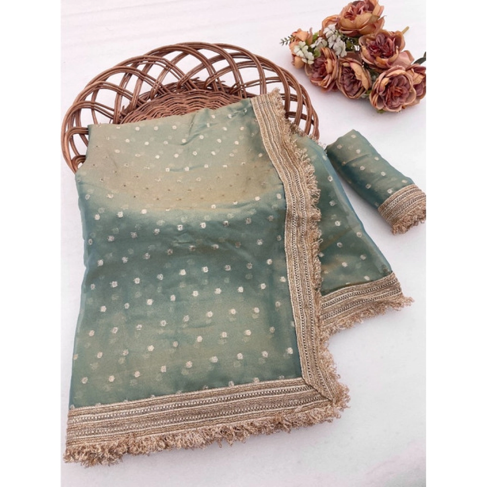 Generic Women's Silk Embellished Saree With Unstitched Blouse 5.5Mtr (Green) - Image 5