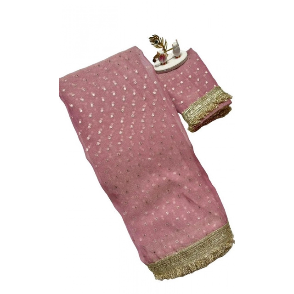 Generic Women's Silk Embellished Saree With Unstitched Blouse 5.5Mtr (Pink) - Image 2