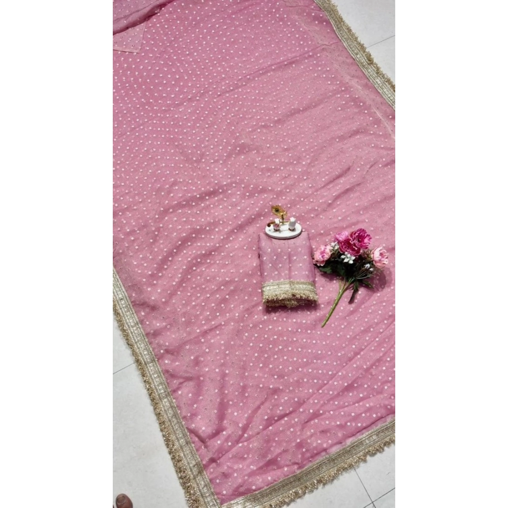 Generic Women's Silk Embellished Saree With Unstitched Blouse 5.5Mtr (Pink) - Image 3