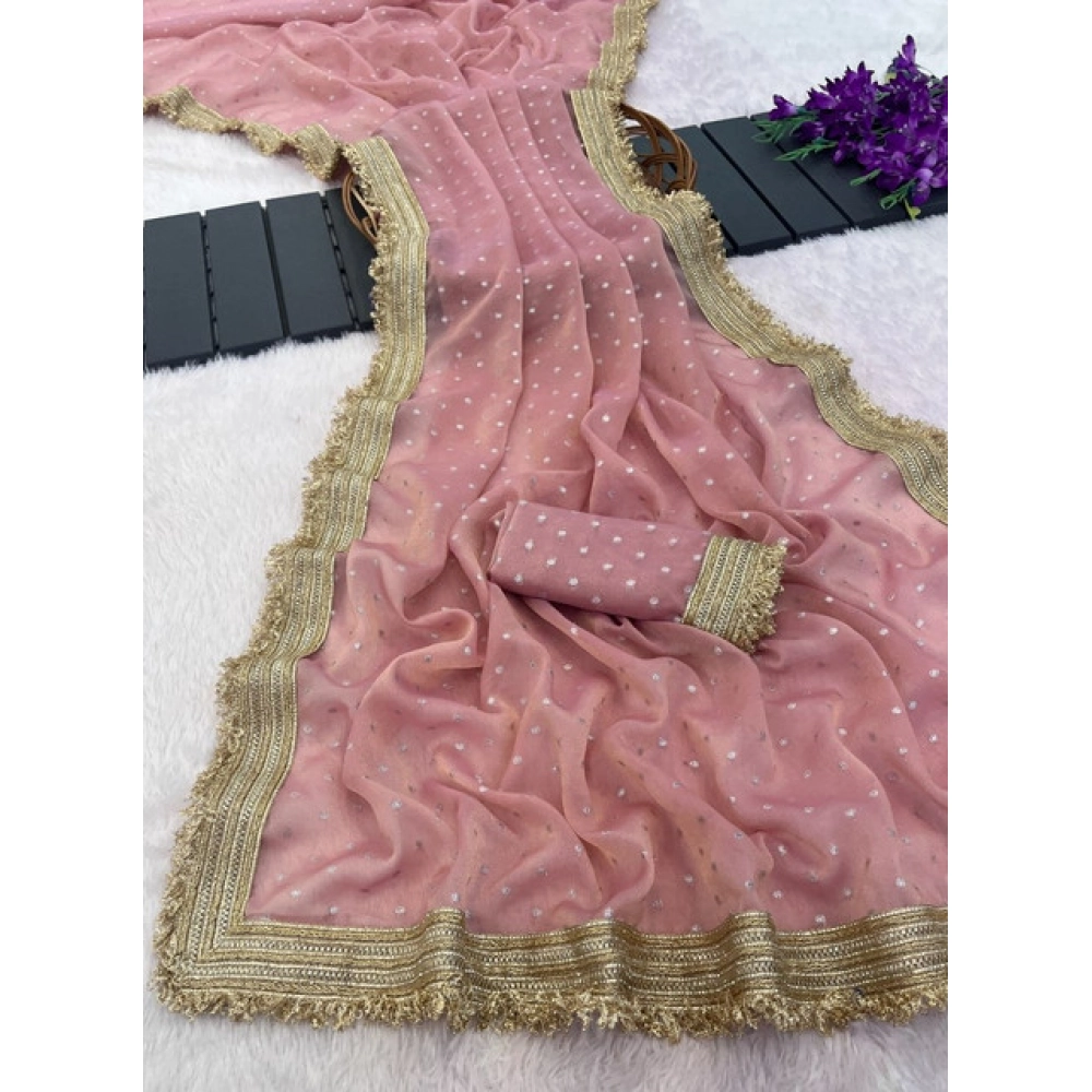 Generic Women's Silk Embellished Saree With Unstitched Blouse 5.5Mtr (Pink) - Image 4