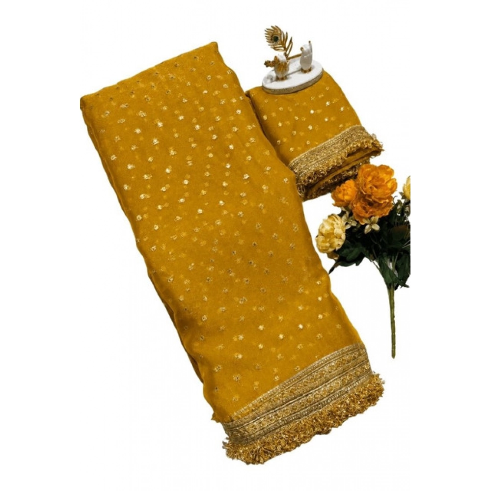Generic Women's Silk Embellished Saree With Unstitched Blouse 5.5Mtr (Yellow) - Image 2