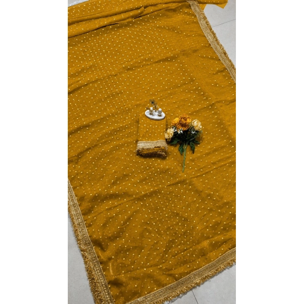 Generic Women's Silk Embellished Saree With Unstitched Blouse 5.5Mtr (Yellow) - Image 3