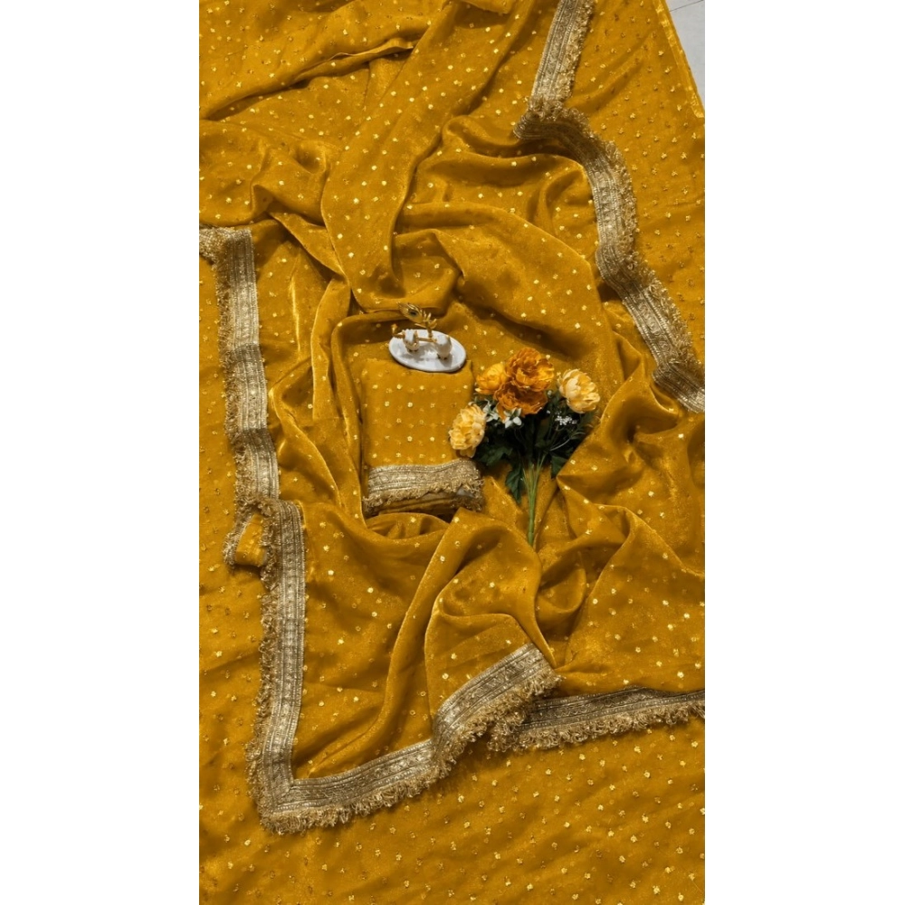 Generic Women's Silk Embellished Saree With Unstitched Blouse 5.5Mtr (Yellow) - Image 4