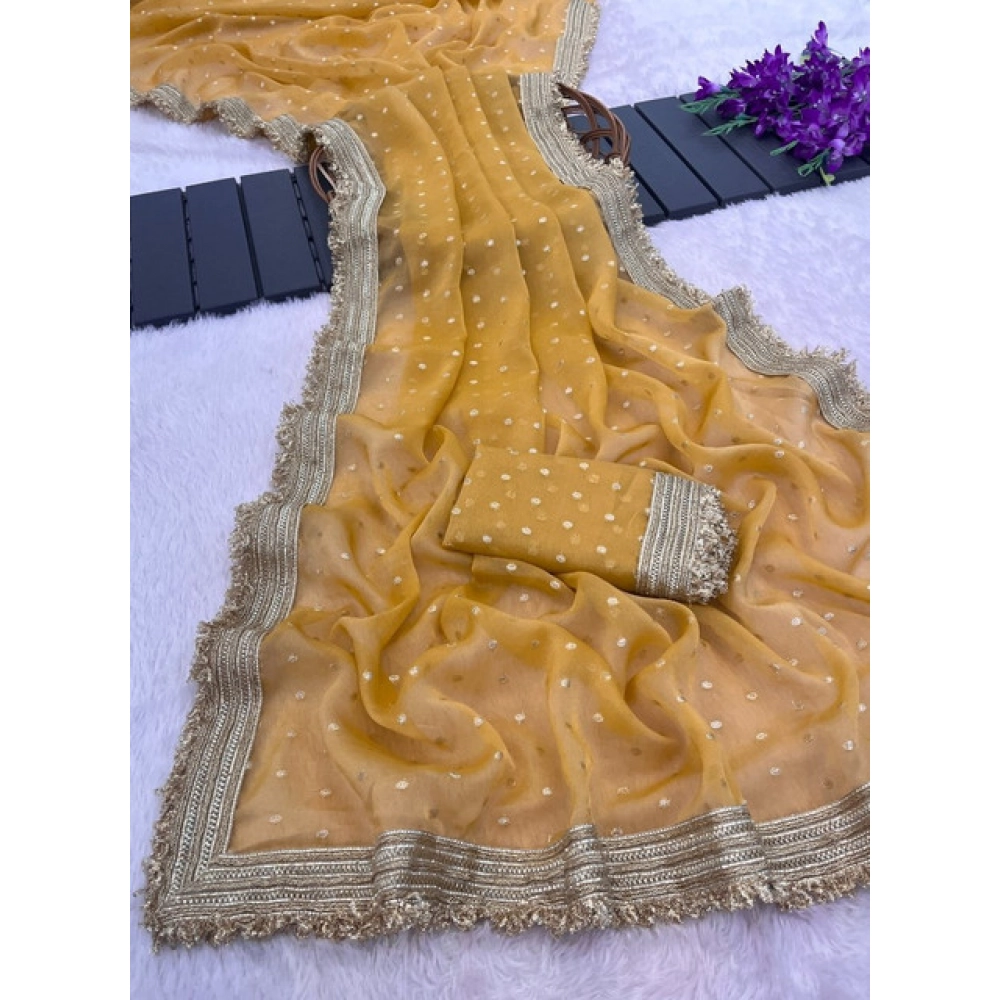 Generic Women's Silk Embellished Saree With Unstitched Blouse 5.5Mtr (Yellow) - Image 5