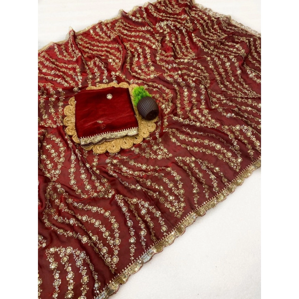 Generic Women's Satin Embellished Saree With Unstitched Blouse 5.5Mtr (Maroon) - Image 3