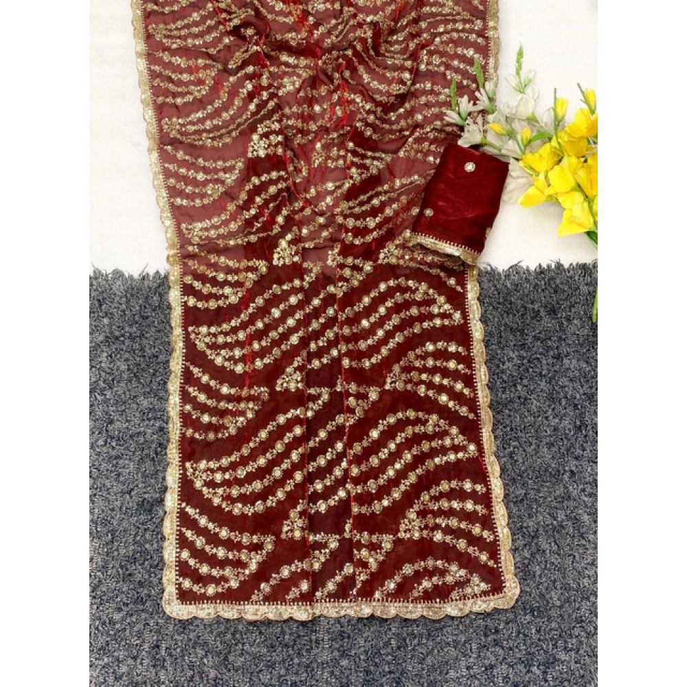 Generic Women's Satin Embellished Saree With Unstitched Blouse 5.5Mtr (Maroon) - Image 4