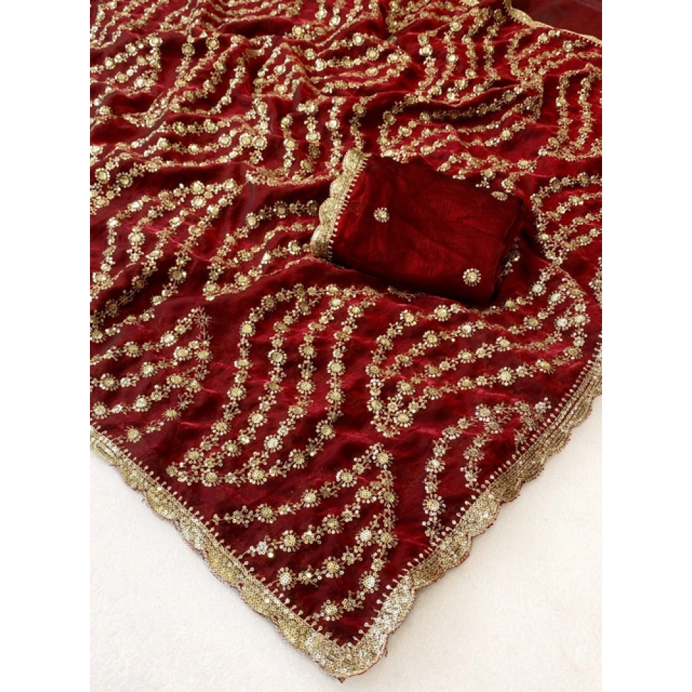 Generic Women's Satin Embellished Saree With Unstitched Blouse 5.5Mtr (Maroon) - Image 5