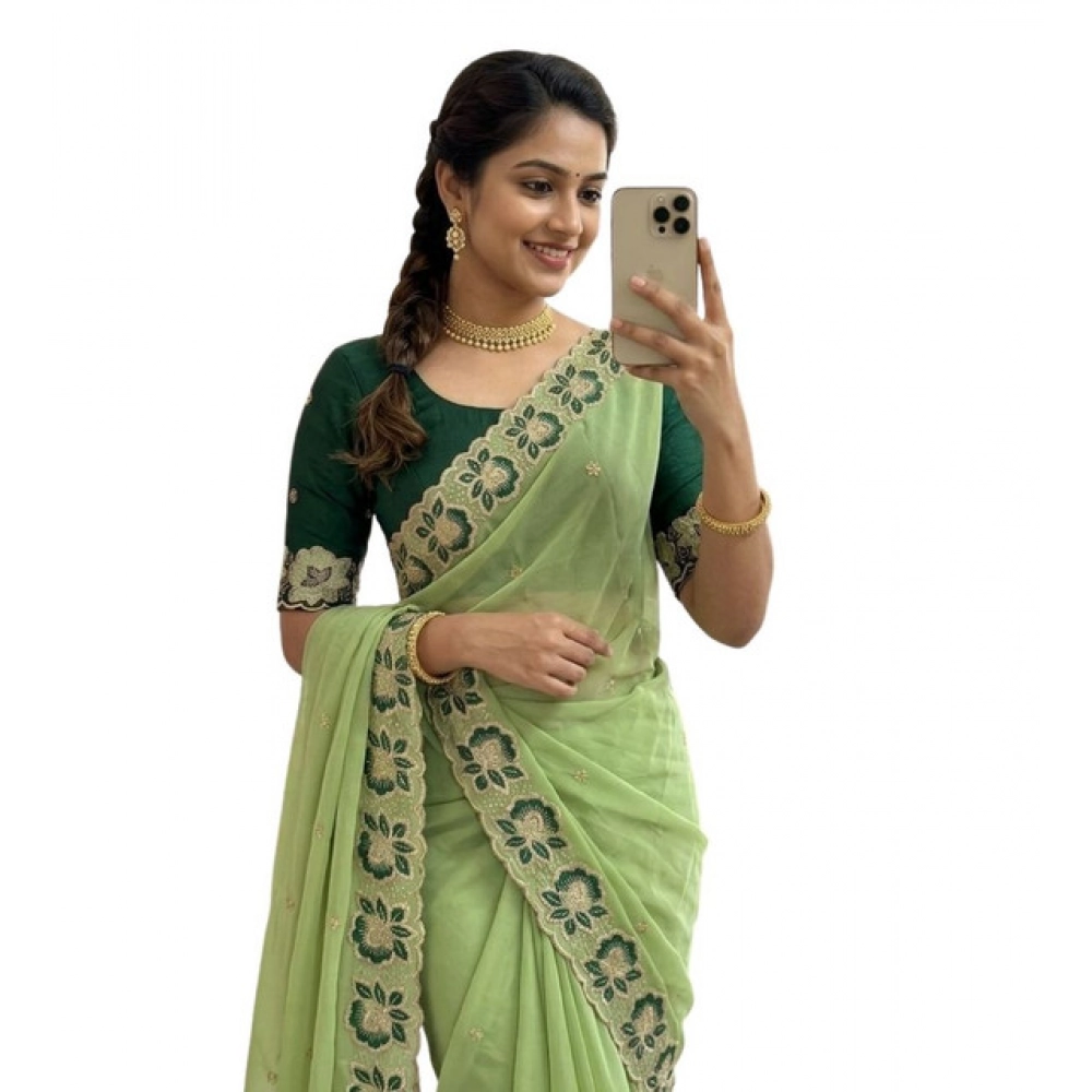 Generic Women's Star Georgette Embroidered Saree With Unstitched Blouse 5.5Mtr (Green) - Image 2