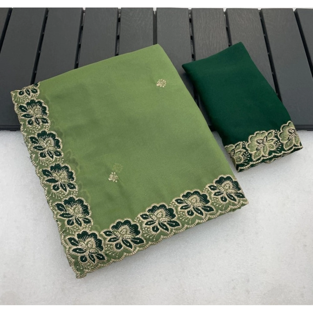 Generic Women's Star Georgette Embroidered Saree With Unstitched Blouse 5.5Mtr (Green) - Image 3