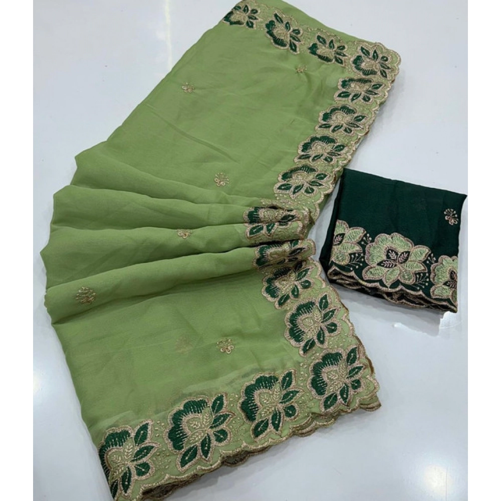 Generic Women's Star Georgette Embroidered Saree With Unstitched Blouse 5.5Mtr (Green) - Image 4
