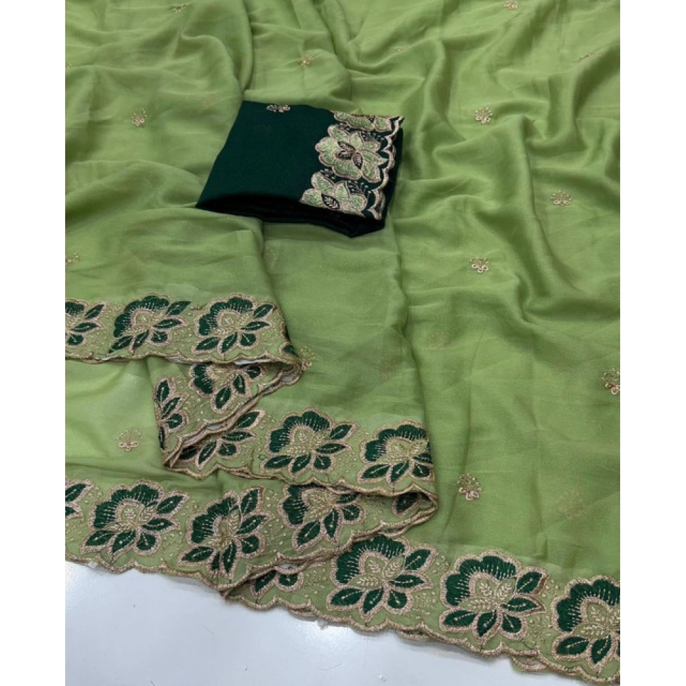 Generic Women's Star Georgette Embroidered Saree With Unstitched Blouse 5.5Mtr (Green) - Image 5