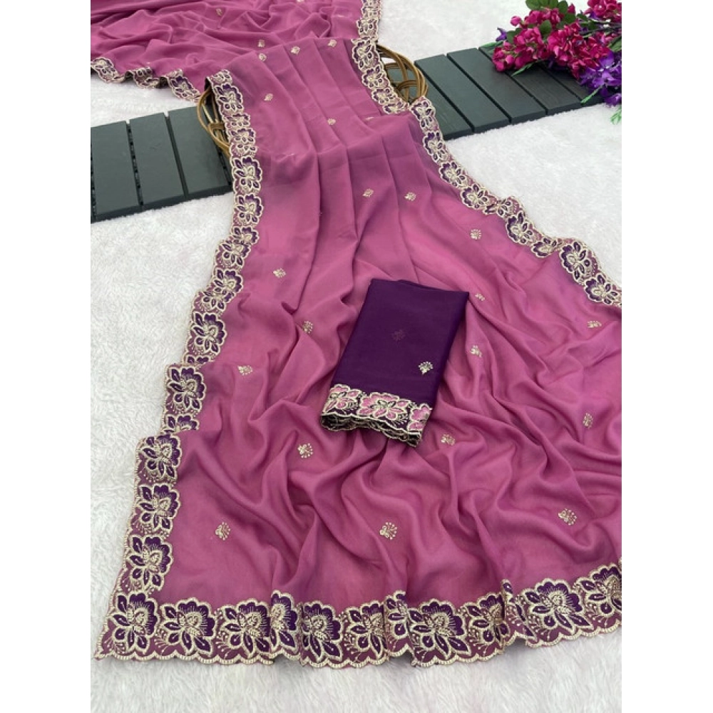 Generic Women's Star Georgette Embroidered Saree With Unstitched Blouse 5.5Mtr (Pink) - Image 5