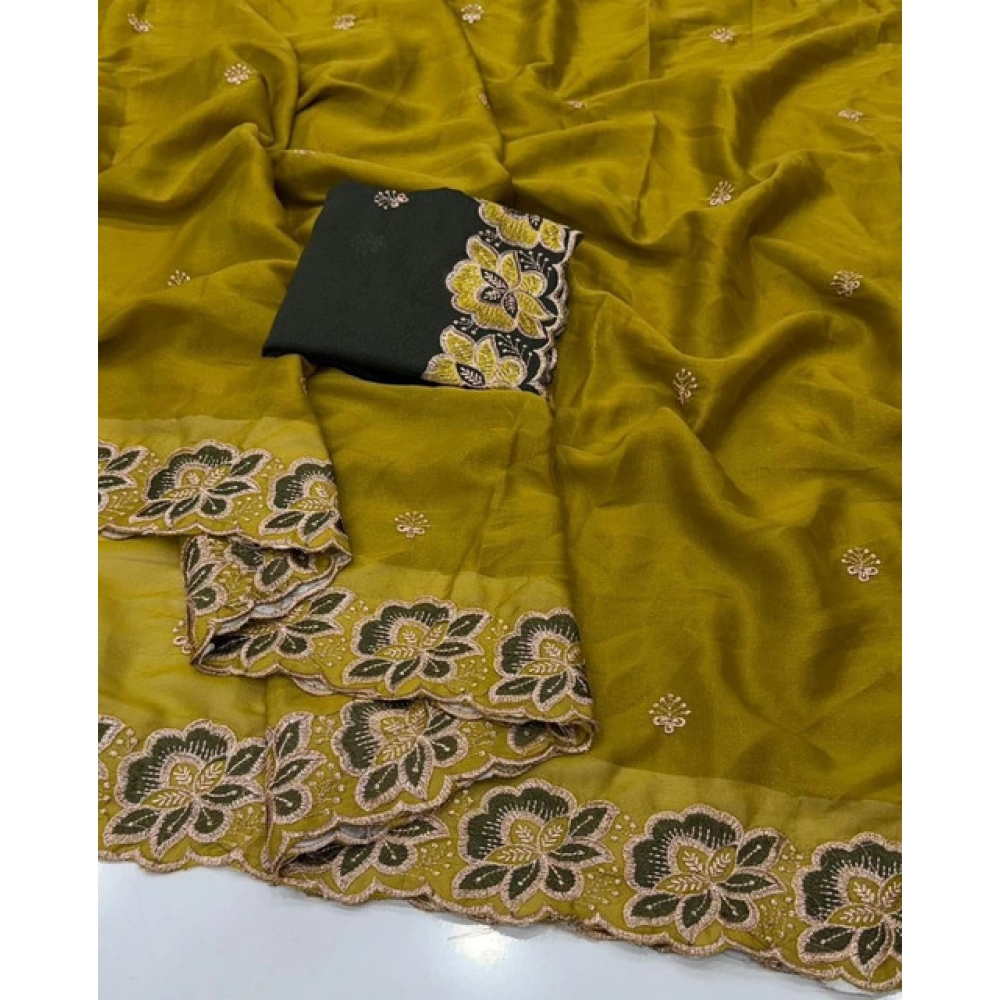 Generic Women's Star Georgette Embroidered Saree With Unstitched Blouse 5.5Mtr (Olive Green) - Image 4