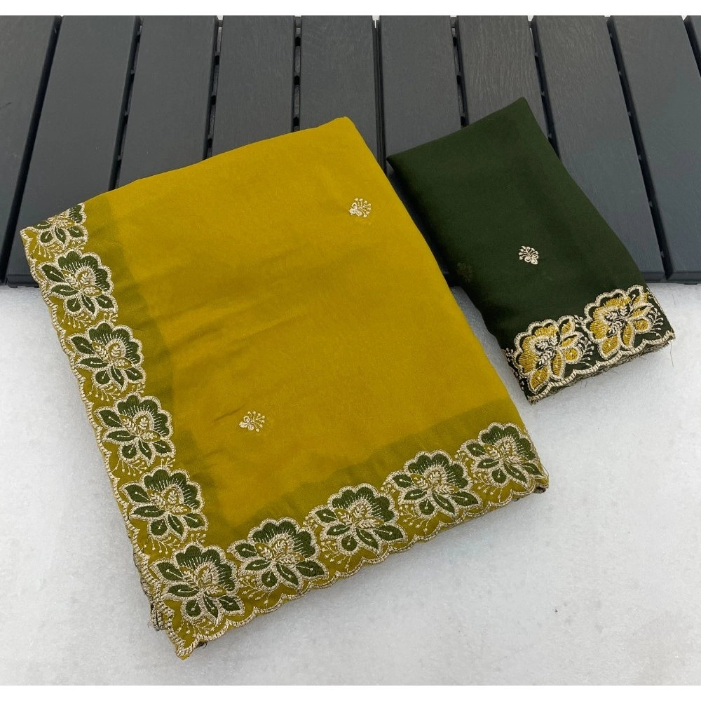 Generic Women's Star Georgette Embroidered Saree With Unstitched Blouse 5.5Mtr (Olive Green) - Image 5