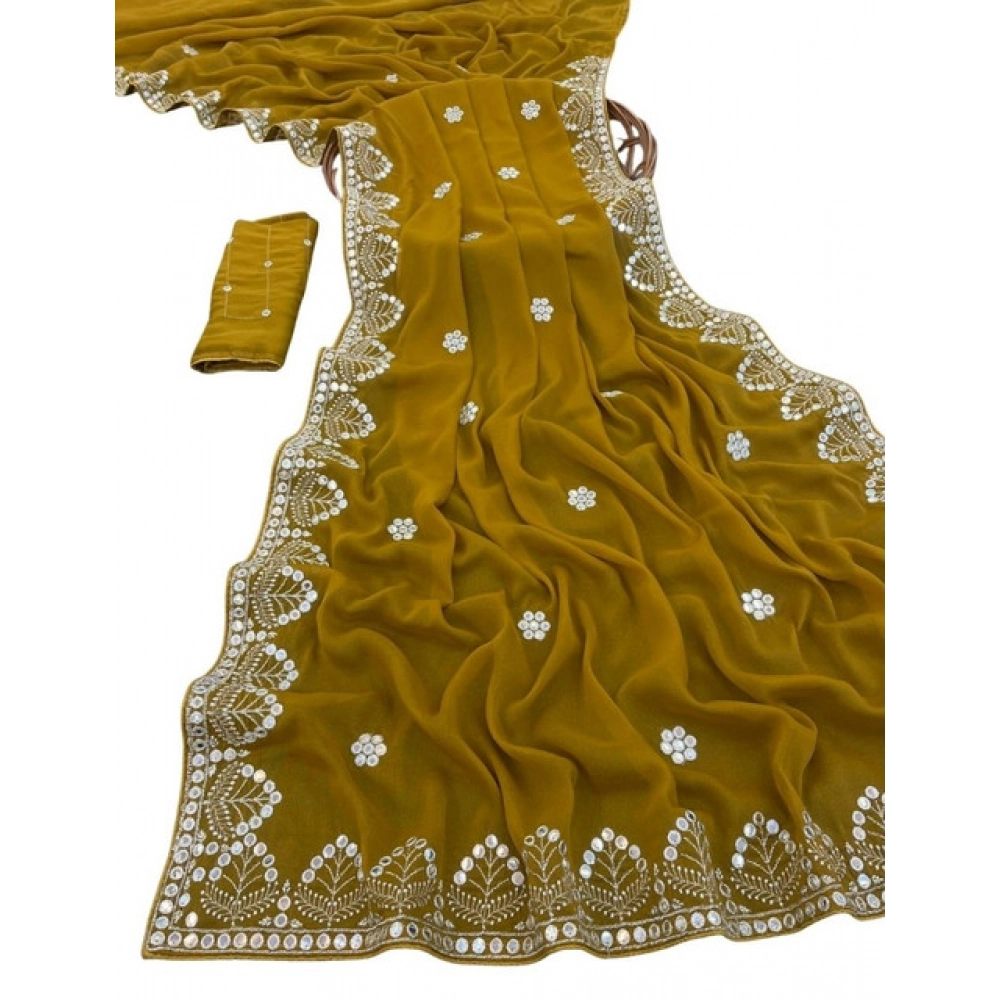 Generic Women's Georgette Embellished Saree With Unstitched Blouse 5.5Mtr (Mustard-Yellow) - Image 2