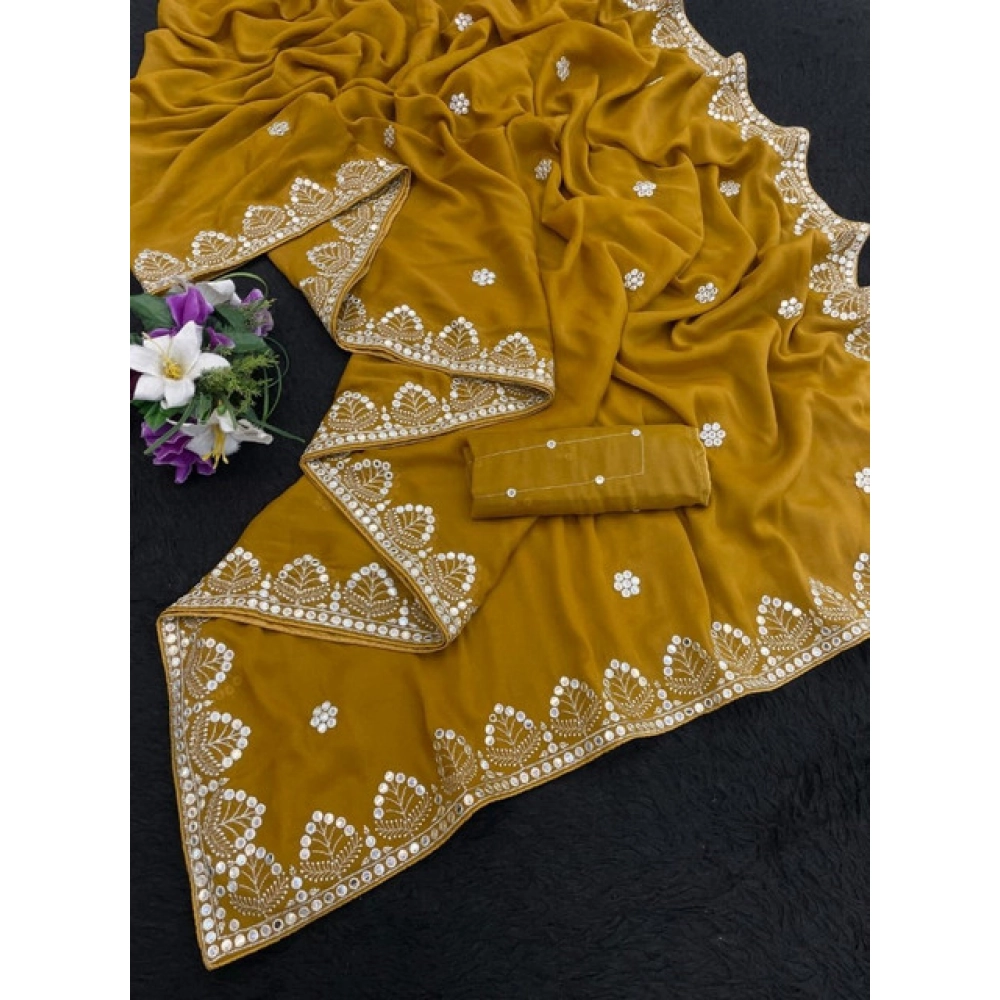 Generic Women's Georgette Embellished Saree With Unstitched Blouse 5.5Mtr (Mustard-Yellow) - Image 3