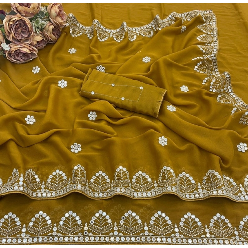 Generic Women's Georgette Embellished Saree With Unstitched Blouse 5.5Mtr (Mustard-Yellow) - Image 4