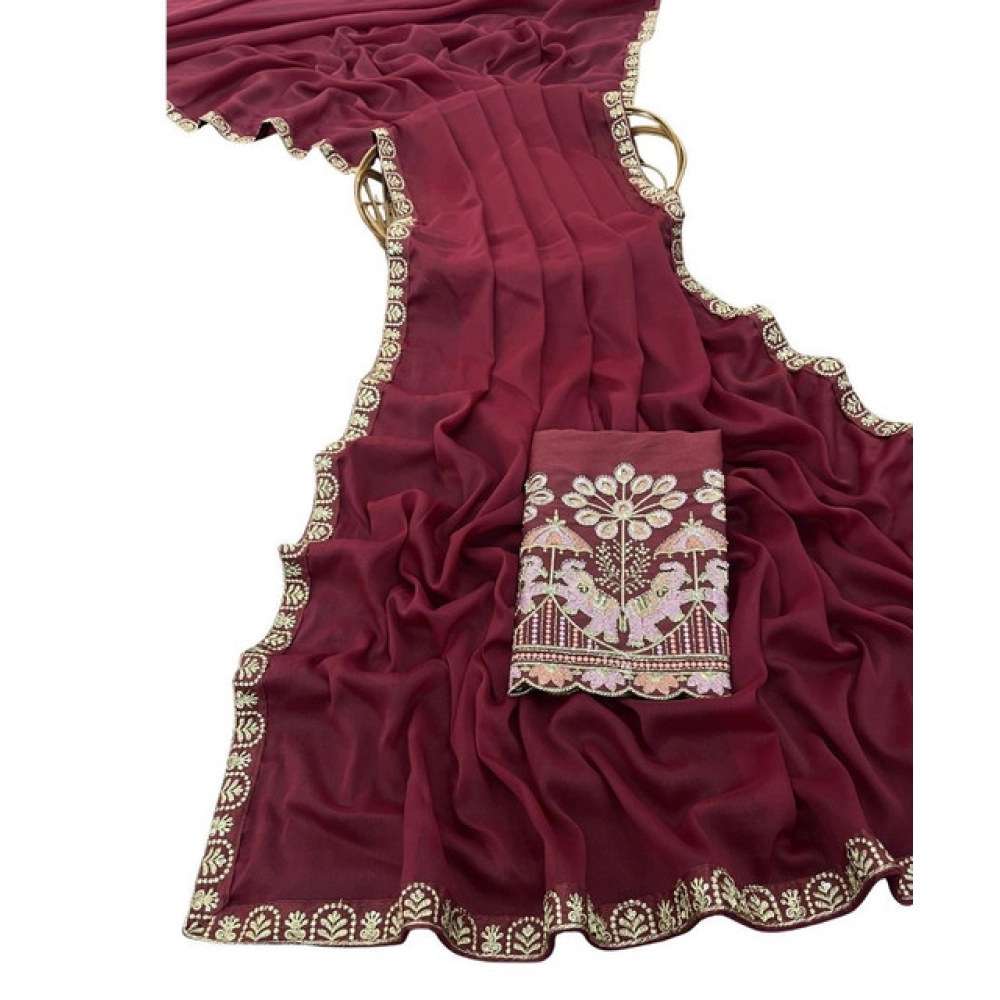 Generic Women's Art Silk Embroidered Saree With Unstitched Blouse 5.5Mtr (Maroon) - Image 2