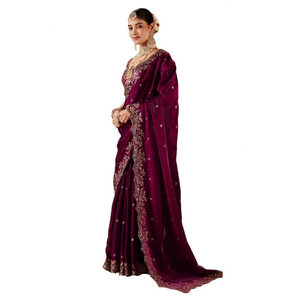 Generic Women's Silk Embroidered Saree With Unstitched Blouse 5.5Mtr (Wine) - Image 2