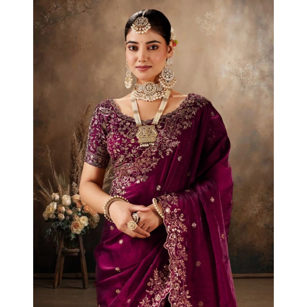 Generic Women's Silk Embroidered Saree With Unstitched Blouse 5.5Mtr (Wine) - Image 4