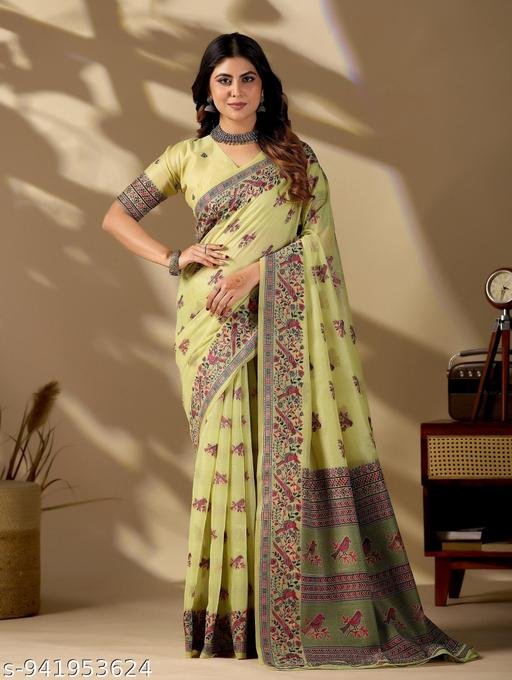 PHEASANT Women's Pista green Soft Cotton Saree with Kalamkari Bird Print