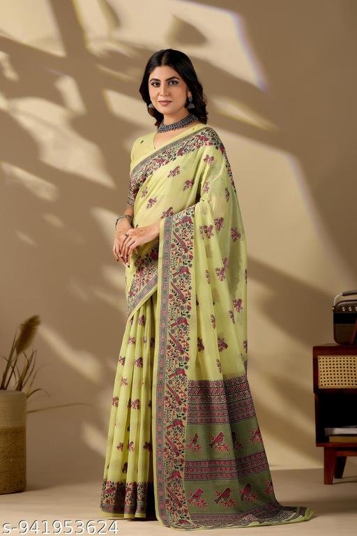 PHEASANT Women's Pista green Soft Cotton Saree with Kalamkari Bird Print - Image 3