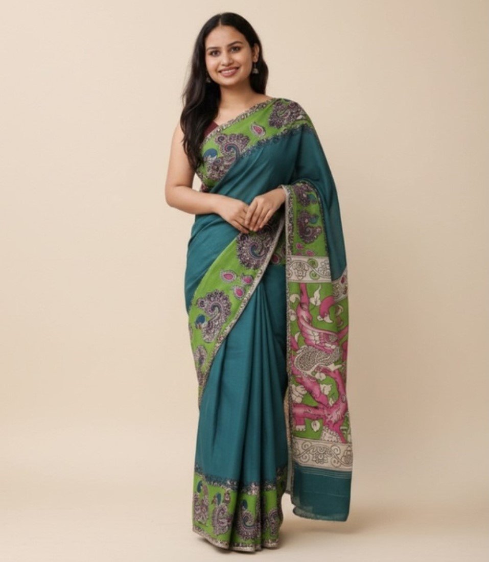 Generic Women's Linen Kalamkari Printed Saree With Unstitched Blouse - 5.5 Mtr (Teal)