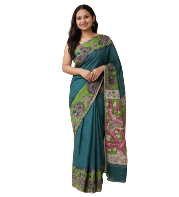 Generic Women's Linen Kalamkari Printed Saree With Unstitched Blouse - 5.5 Mtr (Teal) - Image 2