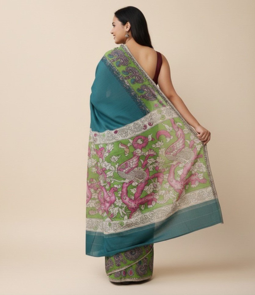 Generic Women's Linen Kalamkari Printed Saree With Unstitched Blouse - 5.5 Mtr (Teal) - Image 3