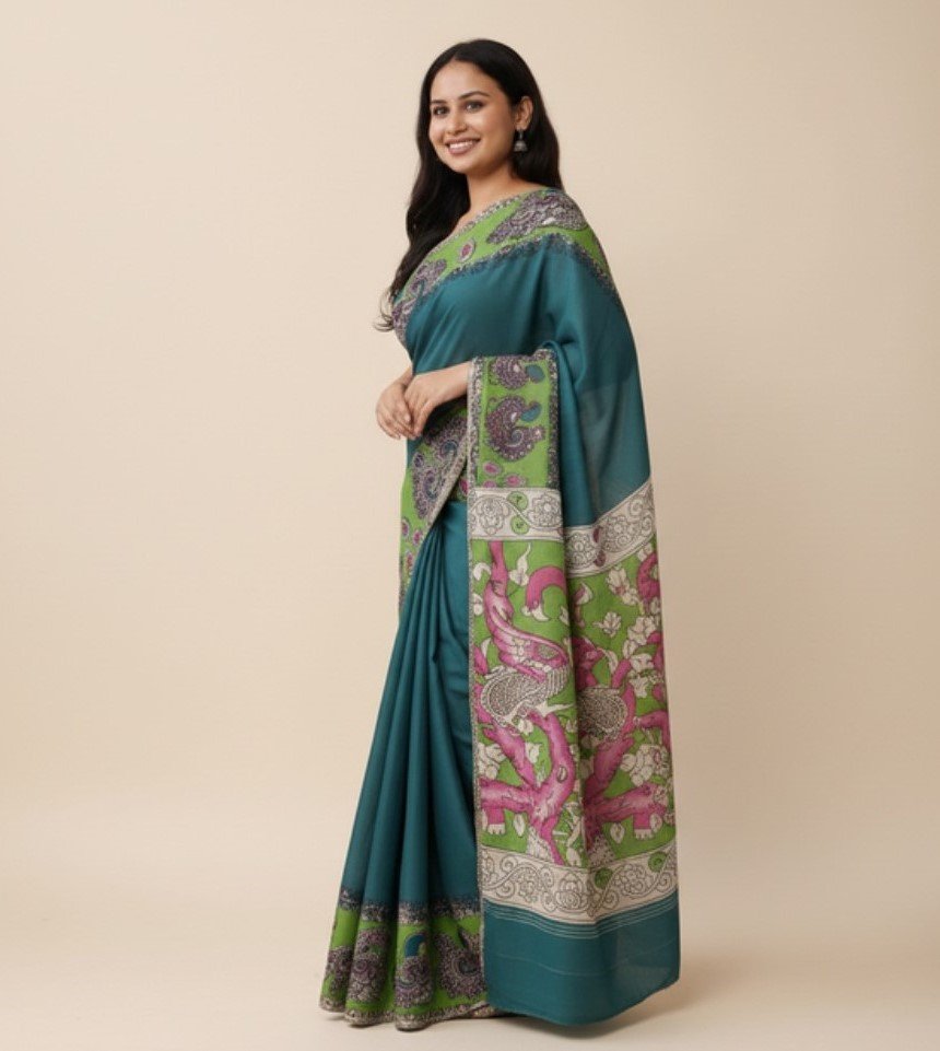 Generic Women's Linen Kalamkari Printed Saree With Unstitched Blouse - 5.5 Mtr (Teal) - Image 4