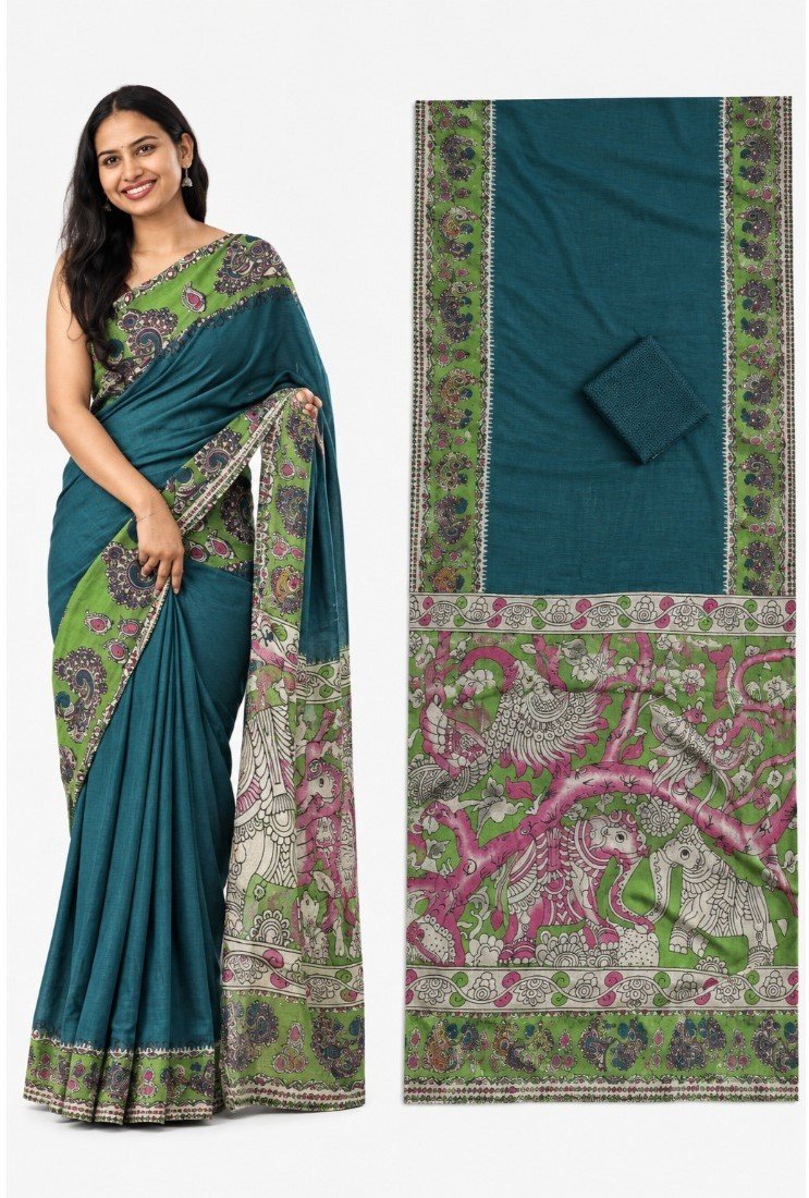 Generic Women's Linen Kalamkari Printed Saree With Unstitched Blouse - 5.5 Mtr (Teal) - Image 5