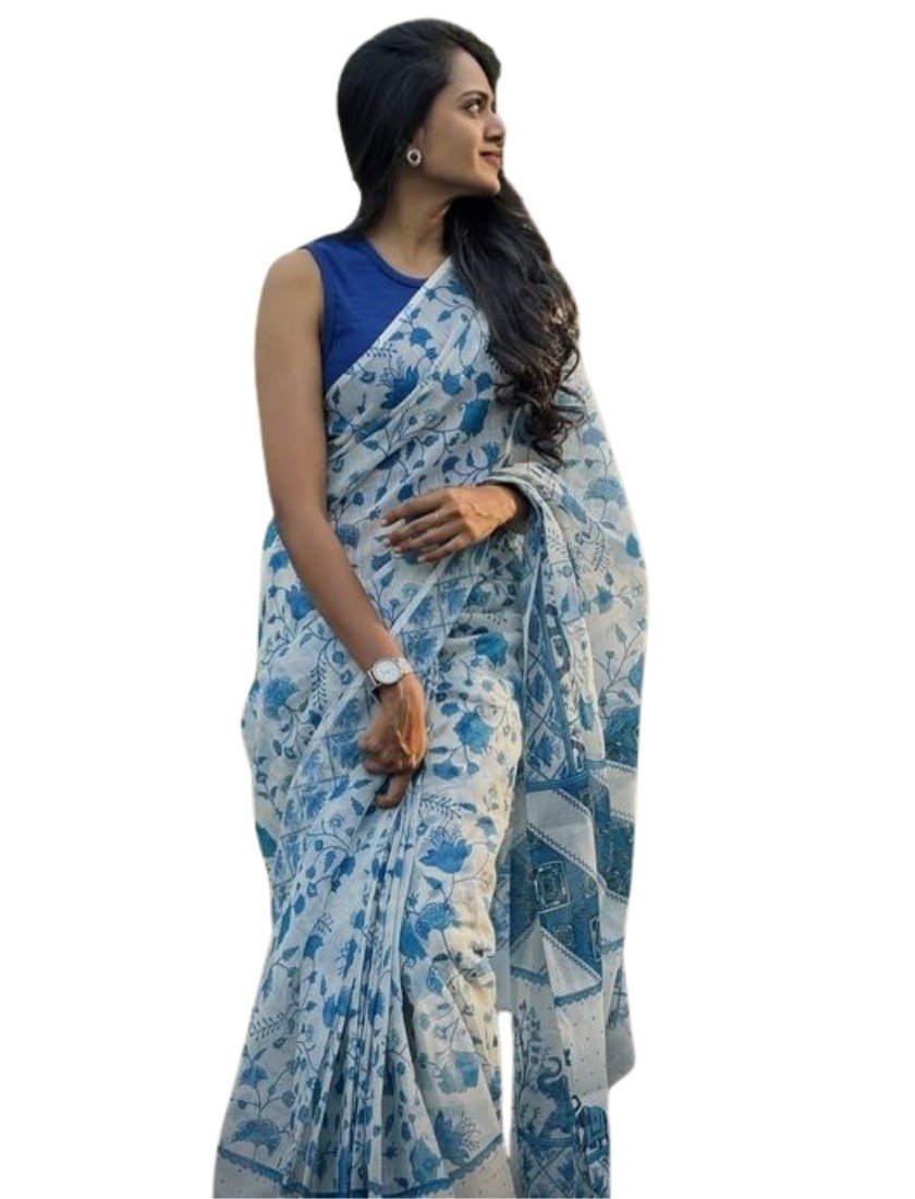 Generic Women's Linen Floral Printeded Saree With Unstitched Blouse - 5.5 Mtr (White-Blue) - Image 2