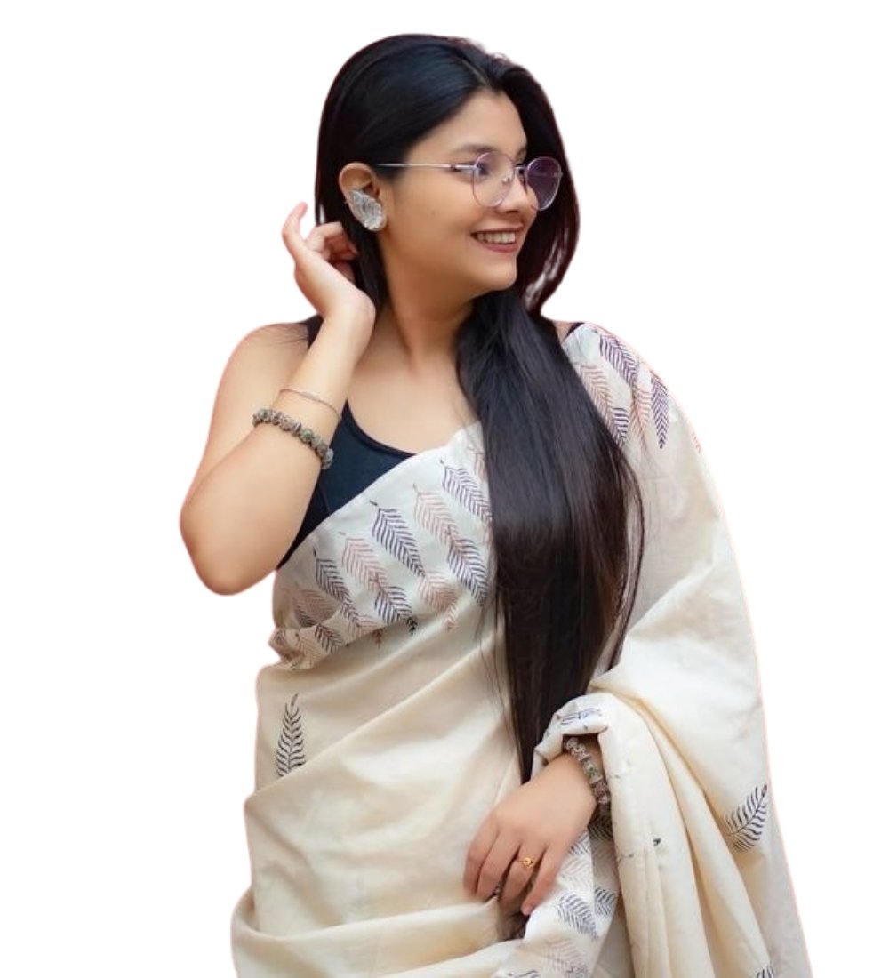 Generic Women's Linen Printed Saree With Unstitched Blouse - 5.5 Mtr (Cream) - Image 2