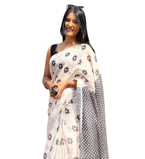 Generic Women's Linen Floral Printed Saree With Unstitched Blouse - 5.5 Mtr (White) - Image 2