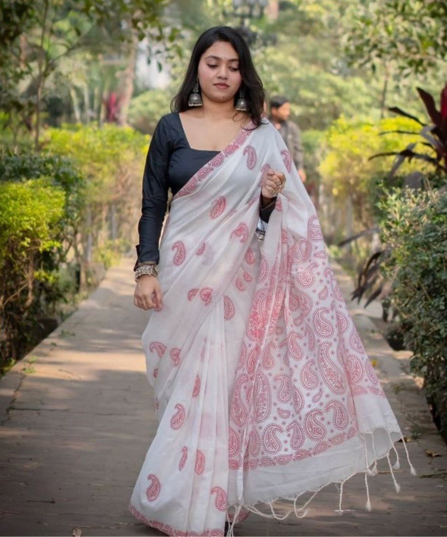 Generic Women's Linen Paisley Printed Saree With Unstitched Blouse - 5.5 Mtr (White-Red)