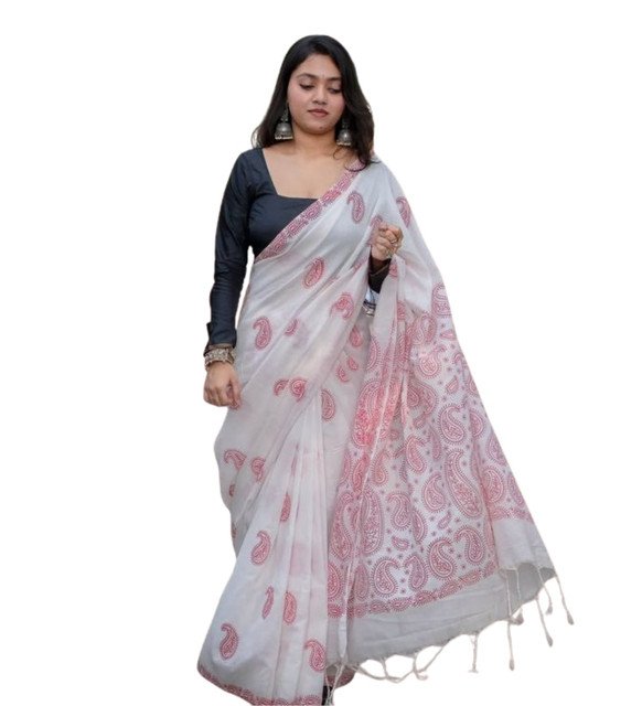 Generic Women's Linen Paisley Printed Saree With Unstitched Blouse - 5.5 Mtr (White-Red) - Image 2
