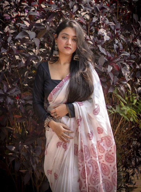 Generic Women's Linen Paisley Printed Saree With Unstitched Blouse - 5.5 Mtr (White-Red) - Image 3