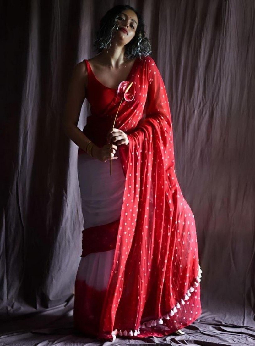 Generic Women's Linen Printed Saree With Unstitched Blouse - 5.5 Mtr (White-Red) - Image 4