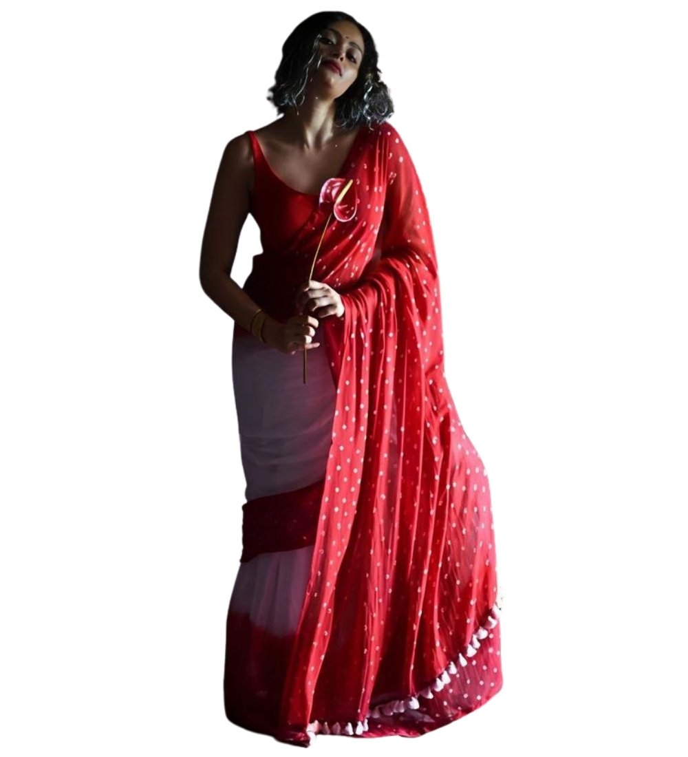 Generic Women's Linen Printed Saree With Unstitched Blouse - 5.5 Mtr (White-Red) - Image 2