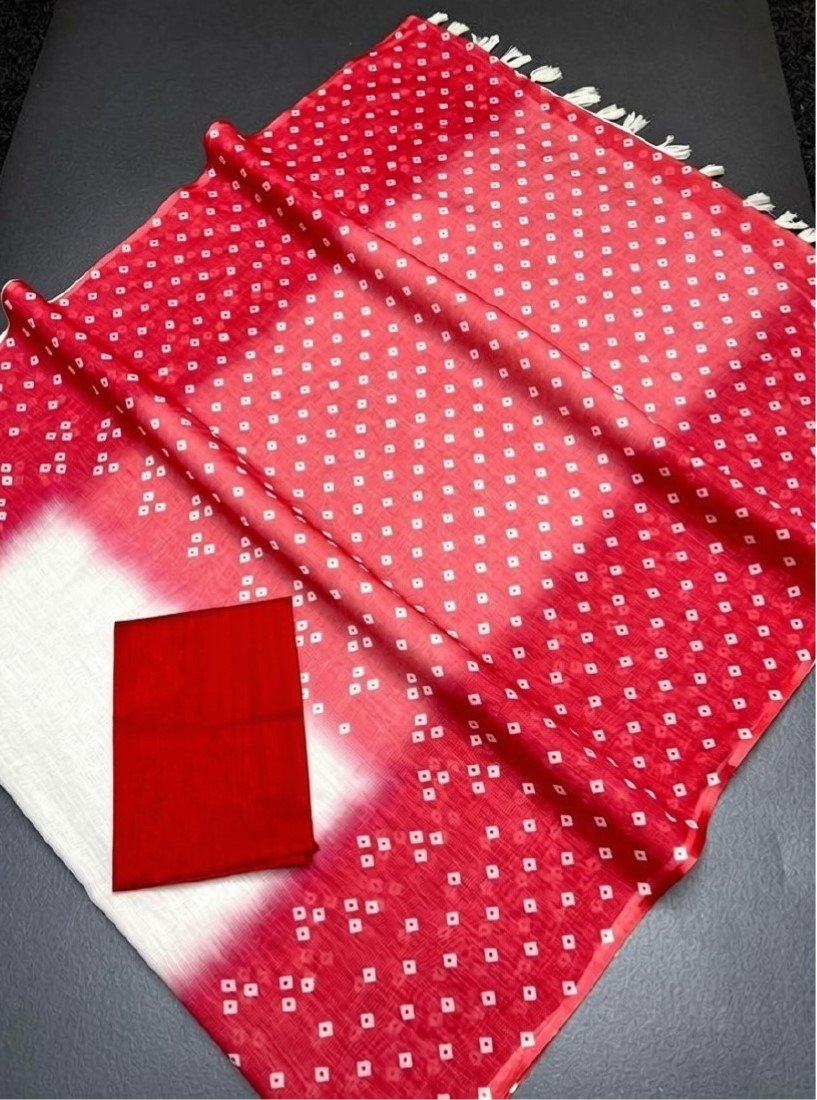 Generic Women's Linen Printed Saree With Unstitched Blouse - 5.5 Mtr (White-Red) - Image 3