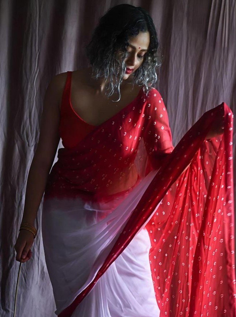 Generic Women's Linen Printed Saree With Unstitched Blouse - 5.5 Mtr (White-Red) - Image 5