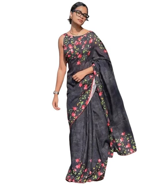 Generic Women's Linen Floral Printed Saree With Unstitched Blouse - 5.5 Mtr (Black) - Image 2