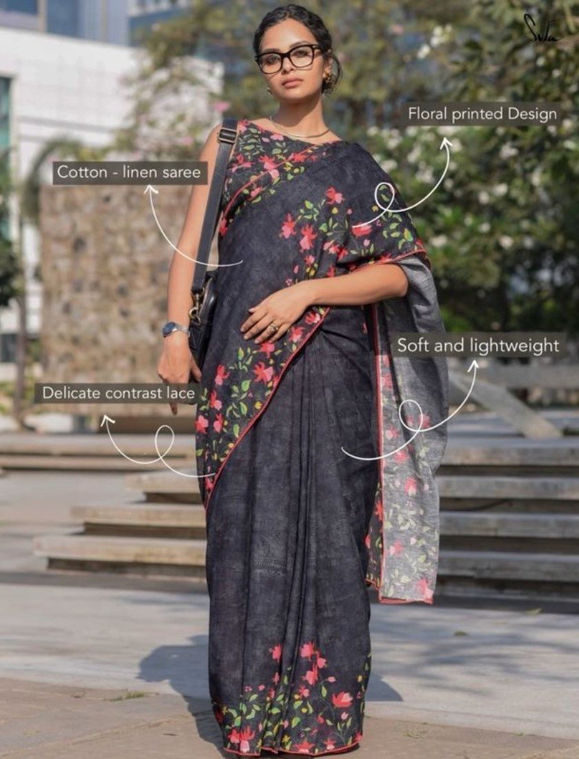 Generic Women's Linen Floral Printed Saree With Unstitched Blouse - 5.5 Mtr (Black) - Image 3