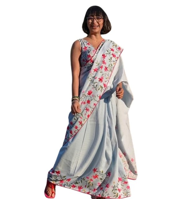 Generic Women's Linen Floral Printed Saree With Unstitched Blouse - 5.5 Mtr (Grey) - Image 2